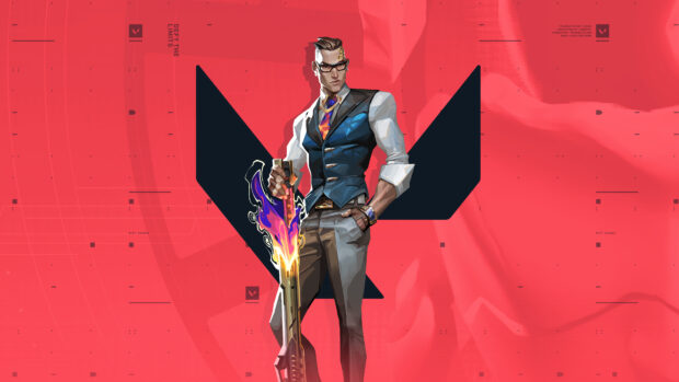 Valorant character with a flaming rifle standing confidently against a red background