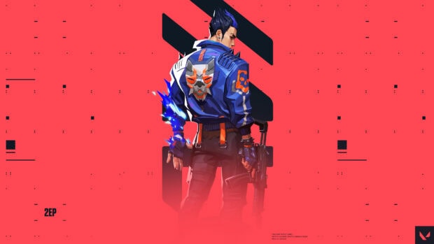Valorant character with blue jacket holding a gun standing against a red background