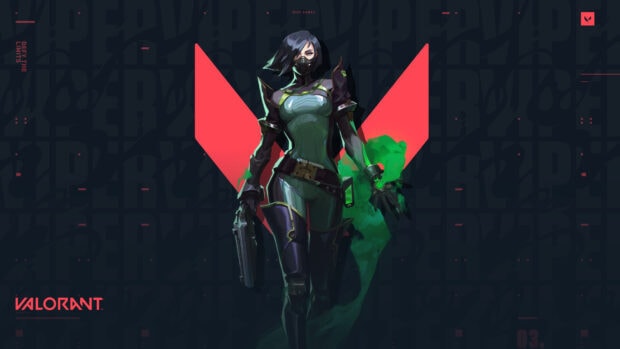 Valorant character with green smoke standing confidently holding a weapon