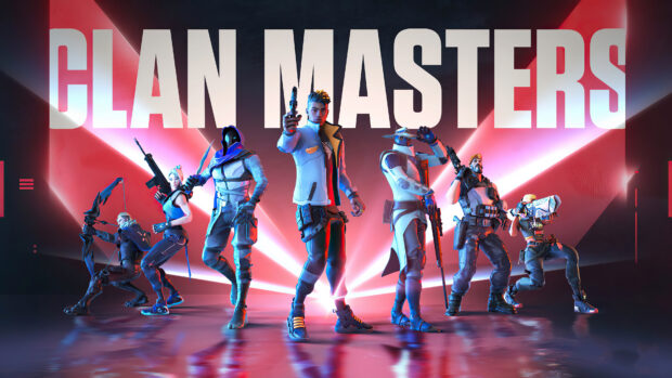Valorant characters posing together in a clan masters setting with futuristic weapons and glowing lights