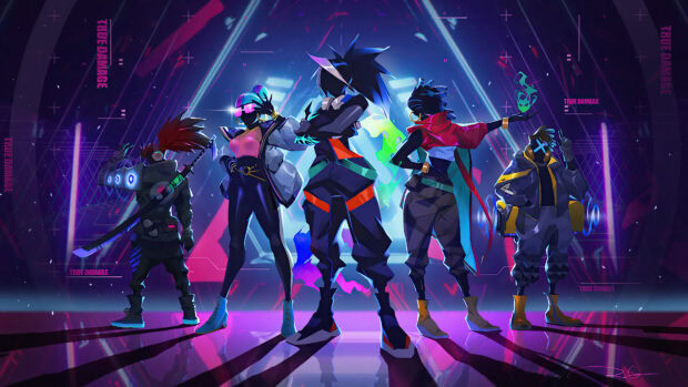 Valorant characters standing in a futuristic setting with vibrant neon colors and true damage effects