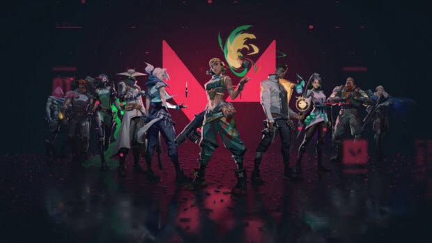 Valorant characters standing in front of a red emblem in a dark environment