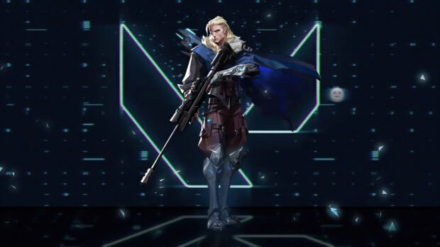 A Valorant character holding a sniper rifle in futuristic armor with a glowing emblem behind