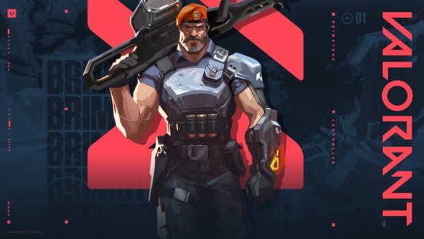 Brimstone from Valorant holds a large weapon wearing tactical armor and an orange beret on a red and dark blue background