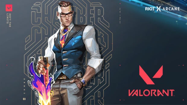 Chamber agent from Valorant holding a flaming weapon in a stylish outfit