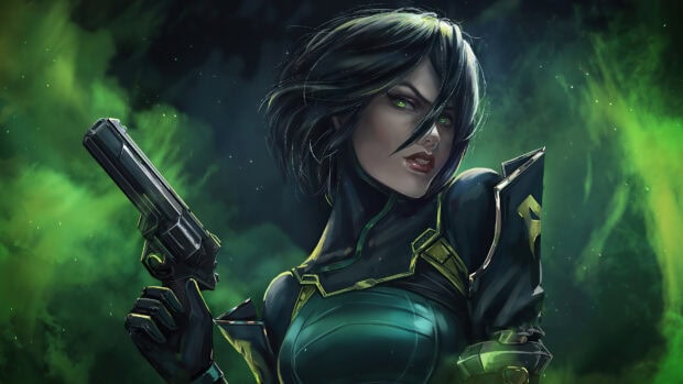 A fierce Valorant character holding a gun with green glowing eyes in a dark smoky environment