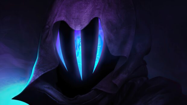 Dark hooded figure with glowing blue eyes in the Valorant character design