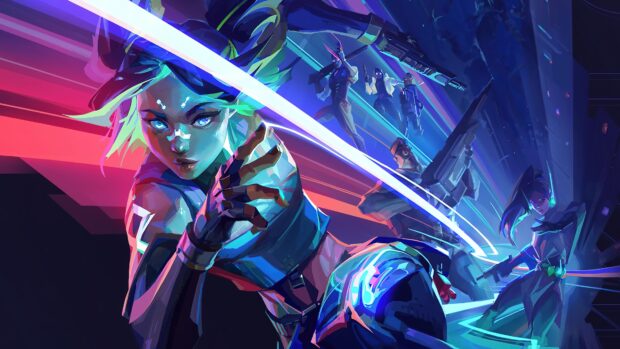Dynamic Valorant character in action with glowing effects and vibrant colors