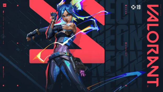 Neon from Valorant game posing with glowing effects in front of a red symbol