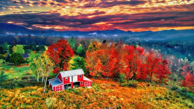 Vermont Wallpapers capture a vibrant fall scene with red and orange trees near a red barn, HD Desktop Wallpaper