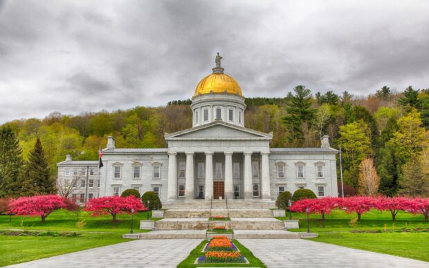 The Vermont government building with a golden dome stands surrounded by blooming trees and lush greenery, HD Desktop Wallpaper