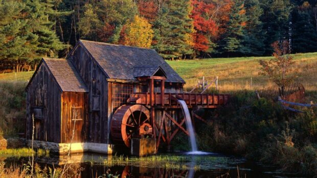 A rustic watermill beside a pond surrounded by autumn trees in Vermont Wallpapers, HD Desktop Wallpaper
