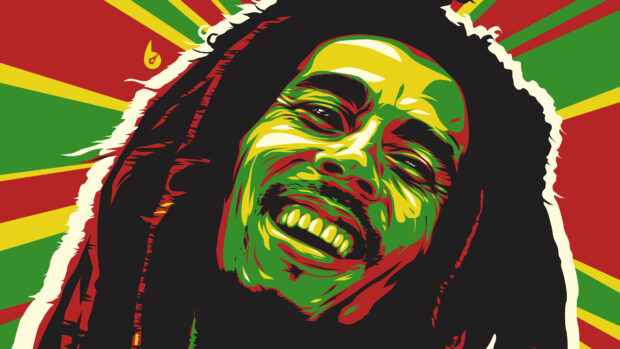 A colorful pop art portrait of Bob Marley with reggae colors in the background, 4K Desktop Wallpaper
