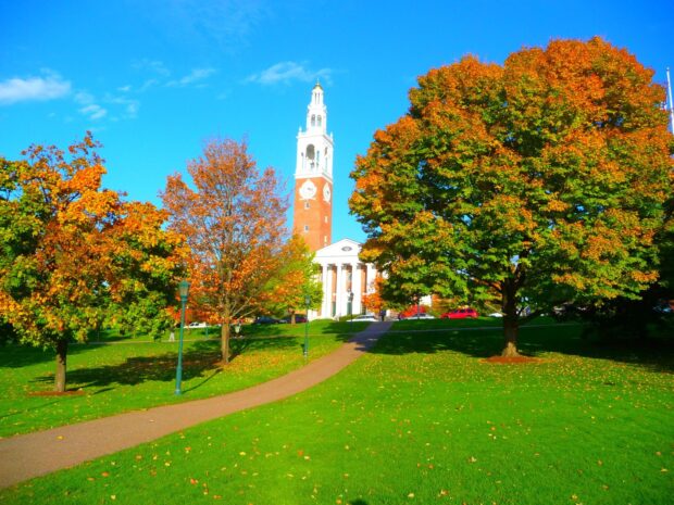 The vibrant autumn scene in Vermont showcases colorful trees and a tall clock tower under a clear blue sky, HD Desktop Wallpaper