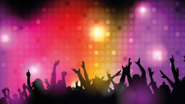 A lively nightclub scene with dancing silhouettes and colorful lights, 4K Desktop Wallpaper