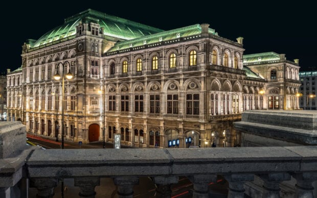 Evening view of Vienna Austria historic architecture illuminated at night
