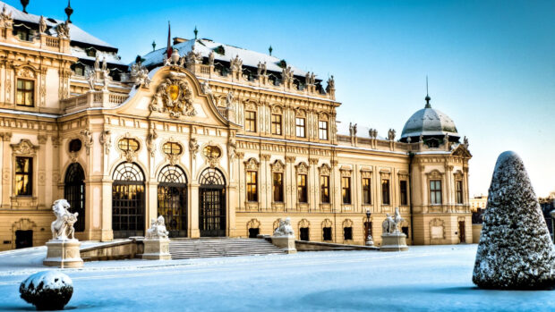 Snow covered historic building in Vienna Austria on a clear winter day