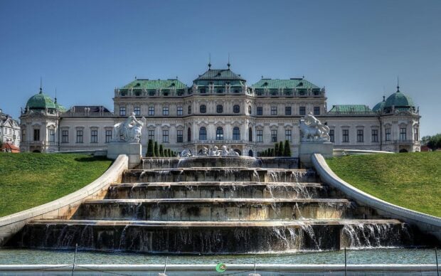 The Belvedere palace with cascading water fountains in Vienna Austria