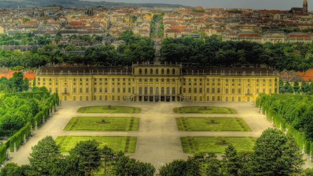 Aerial view of Vienna Austria showcasing a historic palace and manicured gardens