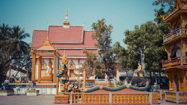 Ancient statue and temple architecture in Vientiane heritage site