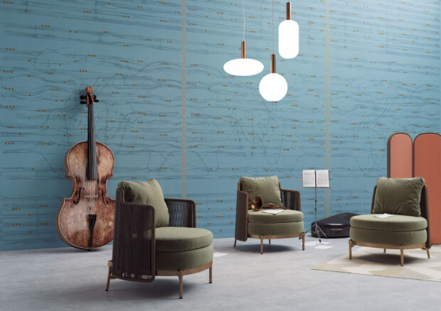 A vintage double bass stands beside modern chairs in a music themed room with a blue wall, HD Desktop Wallpaper
