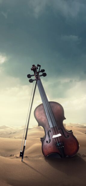 A violin stands upright in a sandy desert under a cloudy sky, HD Phone Wallpaper