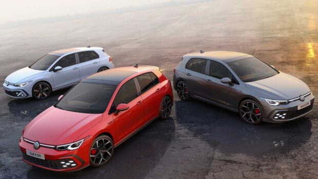Three Volkswagen Golf GTI cars parked on a reflective surface during sunset, HD Desktop Wallpaper