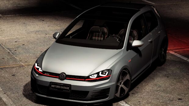 A silver Volkswagen Golf Gti is parked on the street with detailed headlights and a visible interior, 4K Desktop Wallpaper