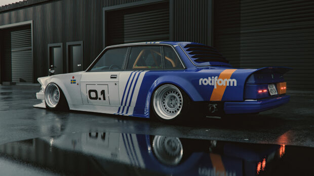 A classic Volvo car with custom racing livery reflecting on wet pavement