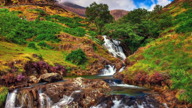 A scenic view of a waterfall flowing through green hills in Wales with clear water and colorful plants, 4K Desktop Wallpaper