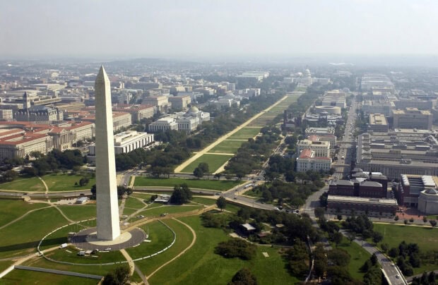 Aerial view of the Washington Monument and surrounding National Mall in Washington DC