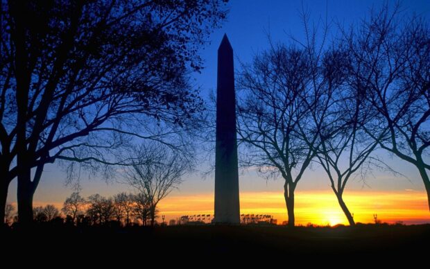 Washington Monument stands tall at sunset surrounded by bare trees in a clear sky