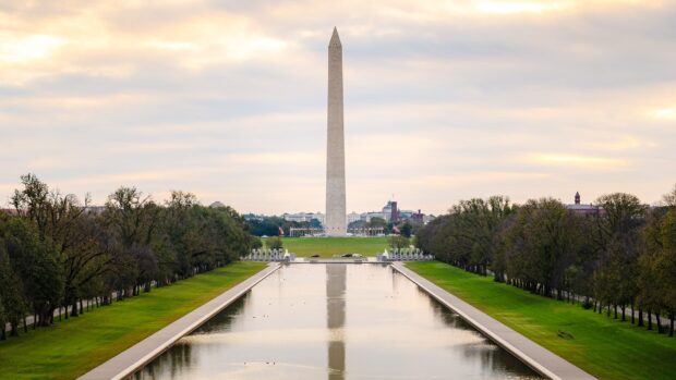 Washington Monument stands tall with reflecting pool and surrounding trees in clear sky