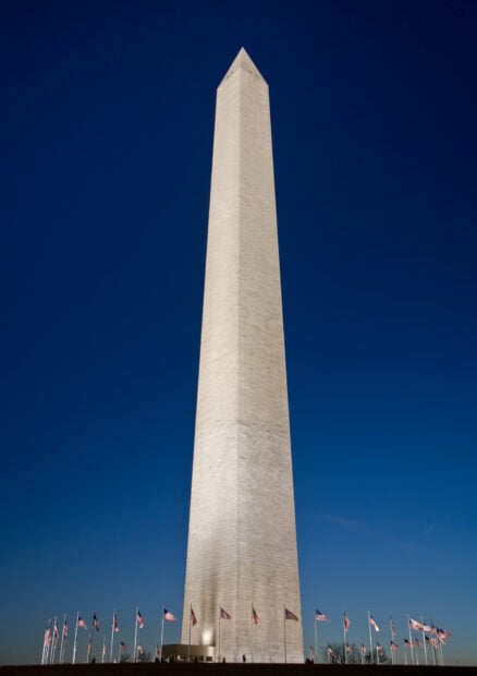 The Washington Monument stands tall under a clear blue sky with American flags surrounding its base
