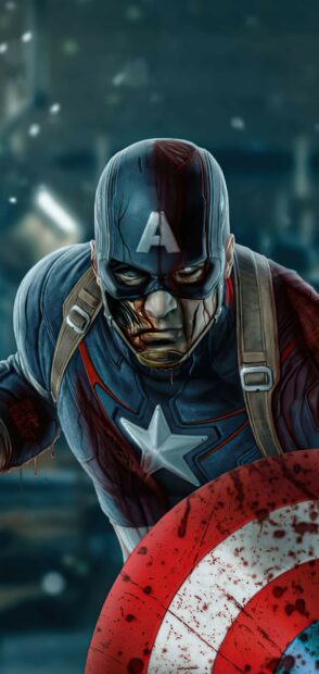A bruised Captain America holds his shield in a dark setting, featuring What If Wallpapers, HD Phone Wallpaper