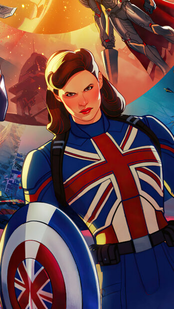 A determined character in a British Captain suit stands ready with a shield in What If Wallpapers scene, 4K Mobile Wallpaper