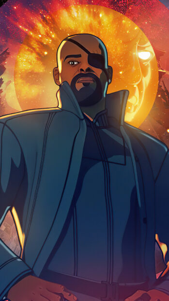 A character with an eye patch stands before a glowing cosmic backdrop in What If Wallpapers, 2K Phone Wallpaper