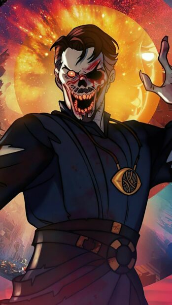 A character with a skull face wearing a cloak and a magical amulet in a fiery cosmic background, 2K Mobile Wallpaper