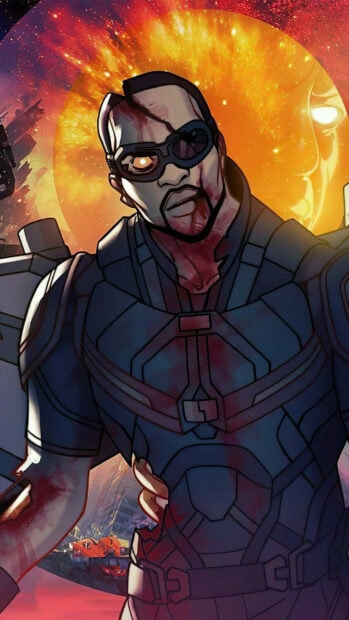 A futuristic soldier with scars stands before a fiery explosion in What If Wallpapers, HD Phone Wallpaper