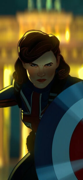 A focused character holds a patriotic shield in vivid What If Wallpapers scene, 2K Mobile Wallpaper
