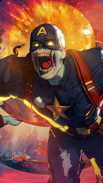 An intense zombie Captain America is shown in a post apocalyptic city scene in What If Wallpapers, 4K Phone Wallpaper