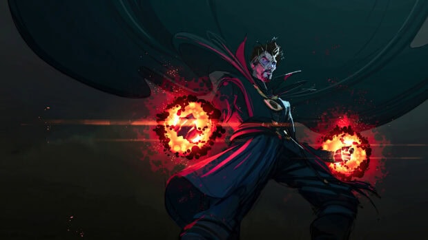 A cloaked figure wields glowing fiery orbs in a dark setting in What If Wallpapers, 4K Desktop Wallpaper