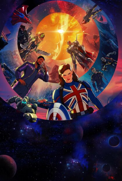 This What If wallpapers shows a group of cosmic heroes facing a glowing celestial orb, 2K Mobile Wallpaper
