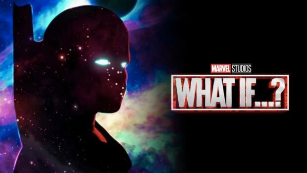 A cosmic silhouette with glowing eyes appears in space with What If Wallpapers text, HD Desktop Wallpaper