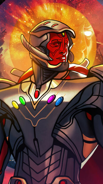 A red faced cosmic warrior in detailed armor stands before a glowing celestial body in What If Wallpapers, 4K Phone Wallpaper
