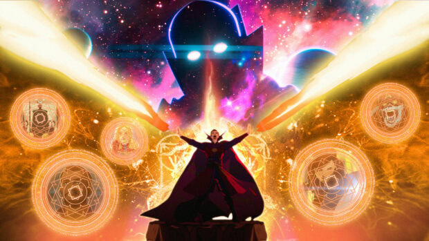 A sorcerer conjures magical energy with a cosmic backdrop in What If Wallpapers, HD Desktop Wallpaper