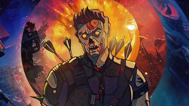 A zombie with glowing eyes has arrows stuck in his back in a fiery apocalyptic scene, 4K Desktop Wallpaper