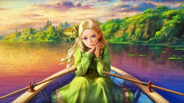 A girl from When Marnie Was There sitting in a rowboat on a calm lake surrounded by lush greenery