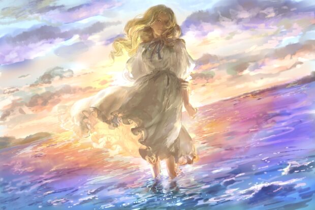 A girl from When Marnie Was There standing in the water at sunset with flowing hair and a light dress