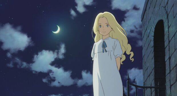 A blonde girl from When Marnie Was There stands under a crescent moon and night sky